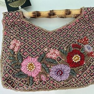 Beaded Floral Pink Clutch with Bamboo Handle